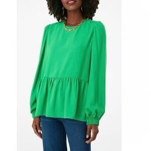 Tuckernuck Pomander Place Crewneck Long Sleeve Peplum Blouse Green Size XS